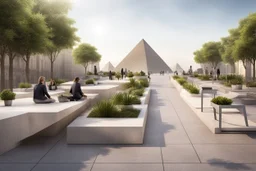 urban design tourist walkway with the pyramids , moder street seating , planters