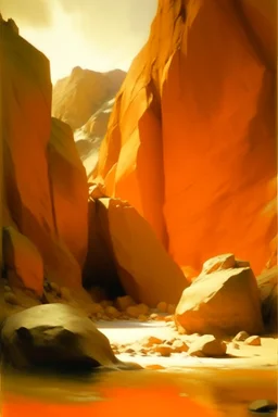 An orange colored canyon with runestones near a mountain painted by John Singer Sargent