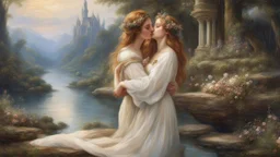 Style Waterhouse, order, peace, lovers embracing, luxury, dream world, calm beauty, fantasy world, magic, beautiful composition, exquisite detail