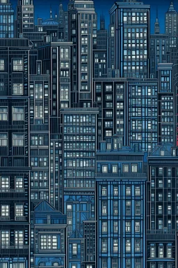 Very Fine lines draw of a dream city , nyc building , dark blue all windows are dark black