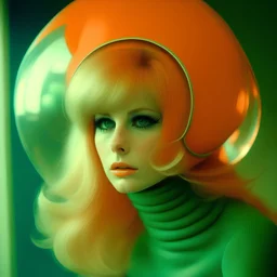 Retro futuristic hair , green and orange, Brigitte bardot in a bubble