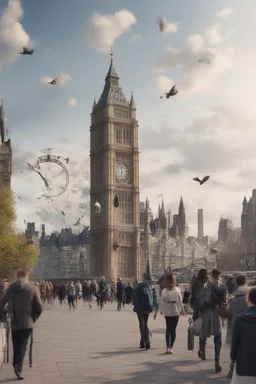 English, step by step. Learning English. The English alphabet is flying around people like a whirlwind. The city of London is in the background. Big Ben and Tower Bridge are visible. High quality 8 K. People are learning English.