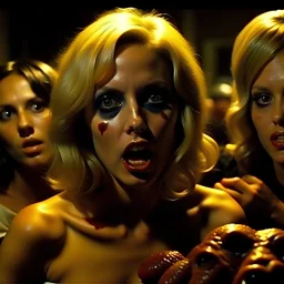 Horror movie shot, hot, ultra realistic, dine, horns, ultra chaos, realistic hot blonde women, party, pieces of meat, organs, hot dynamic, very excited people, hypermaximalist figures, light, 1970's Italian horror movie, sinister,, Dario Argento, Stanley Kubrik, ornate, 4k, photorealism