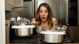 very confused young woman puts silverware spoons in her dryer