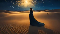 woman standing on sand inspired by Brooke Shaden, digital art related to glow threads 8k, gothic ghost maiden illuminated by fireflies standing in the desert, style Makoto Shinkai, Jamie Wyeth, James Gillard, Edward Hopper, Greg Rutkowski Studio Ghibli Genshin Impact,