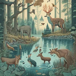 A detailed illustration with forest animals at the egde of a forest drinking from a lake.