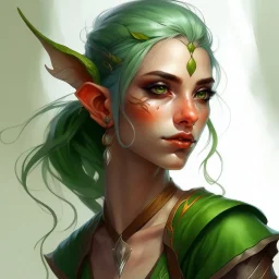 dnd, artistic, illustration, artstation, elf, feywild, bright green hair, green eyes, warrior, portrait, watercolour