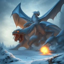 gigantic battle with a dragon in winter