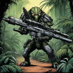 hidden predator [illustration by Kevin Eastman and Peter Laird] in the jungle tactic squadron member trained to kill PREDATORS, helicopterus alien with a lot of mini guns