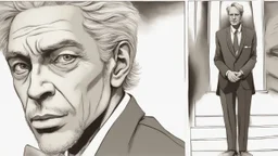 صورة تصوّر شخصًا ينظر إلى الأرض بتركيز عميق، ووجهه ينحني قليلاً نحو الأرض كأنه يحمل أسرار العالم بين عينيه. يظهر على وجهه تعبيرًا من الحكمة والثقة الراجحة، كما لو كان يفهم كل ما يجري في هذا الكوكب. إنه مرتديًا بدلة رسمية، مما يضفي عليه مظهرًا جديًا ومحترمًا. وجهه يتسم بالهدوء والتفكير، حيث يتأمل في تفاصيل الأرض والحياة من حوله بعمق. إنه كأنه يحمل وزرًا ثقيلًا من المعرفة والفهم، ويتعامل مع العالم بأسلوب متزن ومعبر. إن وجوده يلفت الأنظار ويثير الاهتمام بسبب وجاهته وقدرته على فهم أعمق للأمور.