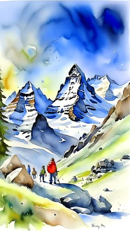 watercolor painting, matterhorn, mountainers in the picture