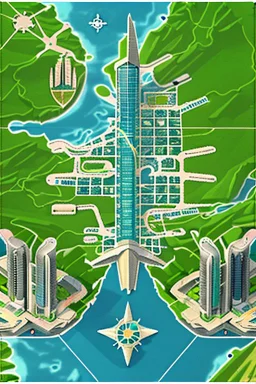 high detail map of an entire tropical dystopian small capital city