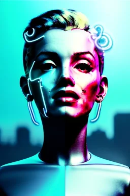 Ultra Realistic image, portrait, blonde woman, Marylin Monroe face, perfect iris, glow eyes, glow makeup. Cyborg, Cyberpunk, ex machina style, wires, oversized tight latex dress. fog, rain, soft color, highly detailed, unreal engine 5, ray tracing, RTX, lumen lighting, ultra detail, volumetric lighting, 3d, finely drawn, high definition, high resolution.