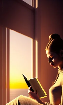 Beautiful, thin young woman, Arab home clothes, wavy hair, sitting on an office chair, reading a novel, next to a window, outside the window is sunset , 8k, finely detailed, photo realistic, cinematic