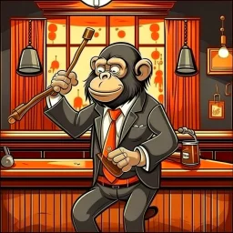 dwarf a guy with a whip making music monkey wearing a tie in a bar