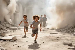 children running from bombs in a ruined city in israel, smoke and fire