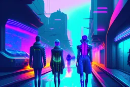 Cyberpunk street with holograms and train