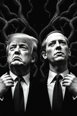 Trump and Zuckerberg as goth in the style of Giger and Escher