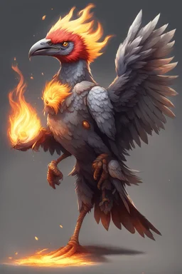 a strong hardcore young Aarakocra with fire abilities