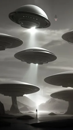 A land filled with hundreds of aliens in a bright light at the end of the picture a ufo object , cinematic, 8k, in black and white, fine line draw