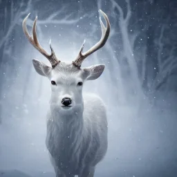 the most stunning, beautiful portrait of a white stag in a winter landscape, mystical, high-quality, ultrafine-detail, flickering light, mist, 8k resolution, 3d octane render, digital art, detailed matte, brian froud, howard lyon, selina french, anna dittmann, annie stokes, lisa parker, greg rutowski,