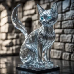 giger escher cat angel sculpture in transparent murano glass in front of stone wall,bokeh like f/0.8, tilt-shift lens 8k, high detail, smooth render, down-light, unreal engine,bokeh like f/0.8, tilt-shift lens 8k, high detail, smooth render, down-light, unreal engine