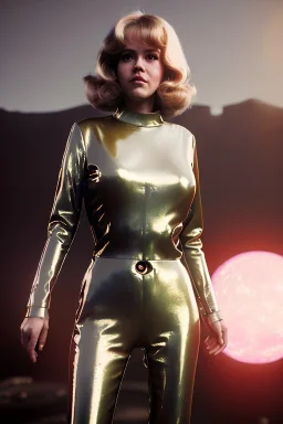 Ultra Realistic retro sci-fi portrait image from 1960, New York, spaceship, sweet young Jane Fonda, tight latex suit, weapon, fighting stance, soft color, highly detailed, unreal engine 5, ray tracing, RTX, lumen lighting, ultra detail, volumetric lighting, 3d, finely drawn, high definition, high resolution.