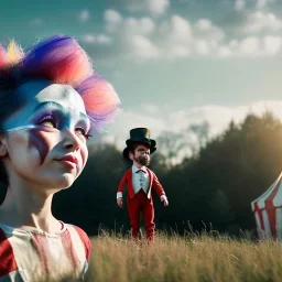 Ultra realistic circus scene. Sweet hair monster jumping. Child’s, night, smooth color, waist up view, Wes Anderson style, dark ambient, highly detailed, concept art, unreal engine 5, god rays, ray tracing, RTX, lumen lighting, ultra detail, volumetric lighting, 3d, finely drawn, high definition, high resolution.