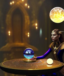 A dark female entity sitting down on her thronr looking into a small crystal ball on a table, fantasy, realistic