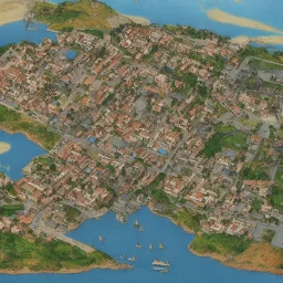 A small medieval coastal town next to a large river