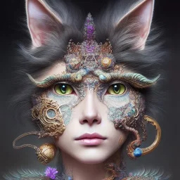 "Insanely detailed photograph of an elaborate beautiful cat goddess intricate glowing skin eyes intricate face hair lashes fur dress hyperdetailed painting by Anna Dittmann Huang Guangjian and Dan Witz CGSociety ZBrush Central fantasy art album cover art 4K 64 megapixels 8K resolution HDR Greek shiny space colours jewelry celestial hair eyes light"