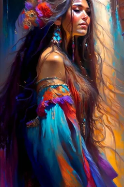 A stunningly beautiful bohemian enchantress with flowing locks of hair cascading like a waterfall down her back adorned in a captivating and vibrant traditional gypsy dress that exudes an air of mystery and allure, Highly detailed, Vivid colors, Warm lighting, Dreamlike, Magical, art by ruan jia and mandy jurgens and artgerm, Digital painting, Sharp focus, Portrait, Trending on Artstation HQ, fantasy.