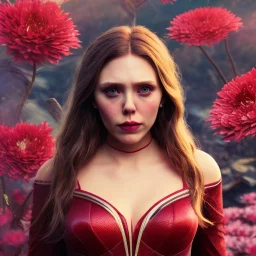 Feiticeira escarlate, Elizabeth Olsen, feiticeira, magia, rosto detalhado belo, bonita, cenário em um campo de flores, cinematográfico, dramático, por do sol, campo de flores, cores frias