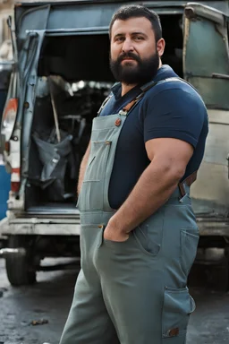 close up photography of an ugly 36 year old chubby robust burly turkish plumber, wearing his work unbuttoned bulging overalls, bulge, shirtless, leaning with his back to his van, arms folded and emotive look, ajar mouth, hairy chest, , very virile, short black beard, shaved hair, sweat, , in a sunny street, photorealistic , frontal view from the ground