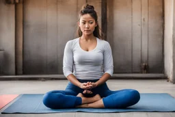 Subject & Action: A youthful woman with athletic definition—the kind born of grit and perhaps something more potent than nature intended—holds a perfect Lotus position (Padmasana) on an old, weathered yoga mat. Her hands are forming a mudra on her knees. Her eyes, which were once shut in deep concentration, have just snapped wide open in profound shock and wonder. Her expression is a mix of terror and ultimate revelation. Setting: The transition point between worlds. She began in a crowded, ear