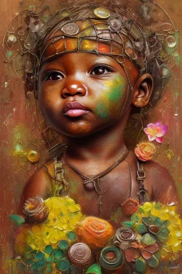 an abstract painting of rusted metal and flowers, african baby portrait, rust, scaffolding, iron cladding, decay, mixed media, textured, anatomically correct, beautiful perfect face, sharp focus, highly detailed