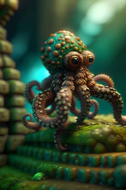 portrait of hairy octopus climbing a stone ladder, in the style of fantasy movies, photo-realistic, shot on Hasselblad h6d-400c, zeiss prime lens, bokeh like f/0.8, tilt-shift lens 8k, high detail, smooth render, down-light, unreal engine 5, cinema 4d, HDR, dust effect, vivid colors, smoke, dust, fireflies