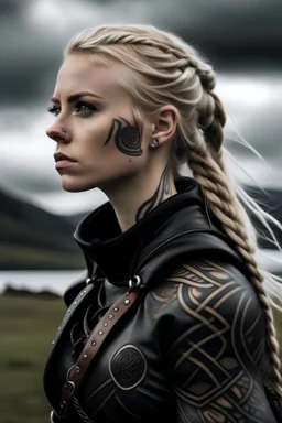 Una mujer rubia con el pelo con trenzas con apariencia vikinga vestida con cuero negro sus brazos con tatuajes en una isla con un día nublado