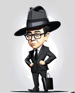 Caricatura de Gustavo Petro hablando serio cuerpo completo sombrero baquero traje gris no corbata obra de arte detallado 4k