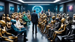 photo from the futuristic waiting room of a studio, a large crowd waits in a giant room. the aliens mutant humans, strange fantastical creatures, droids, and a few human-like beings of all sizes, colors, shaped and looks, stand in the crowd. high detalied, sharp focus, photorealistic, sci-fi style Professional photography, bokeh, natural lighting, canon lens, shot on dslr 64 megapixels , hd