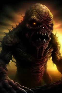 Dark fantasy colored art cover of a terrifying deformed monster, ultra realistic, high quality. Sunset.