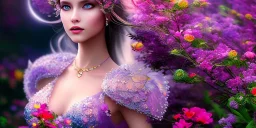 bright fairy, beautiful portrait, flowery landscape