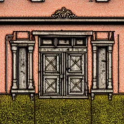 Depiction on the building, highly detailed depiction, overgrown, building, old, 3d,