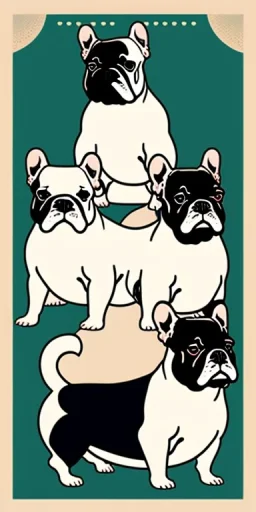  a group of french bulldogs that are on top of each other, a poster by Nōami, ukiyo-e, anime aesthetic, minimalist.