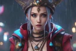 Jinx in 8k anime cgi artstyle, arcane them, crazy eyes, close picture, rain, apocalypse, intricate details, highly detailed, high details, detailed portrait, masterpiece,ultra detailed, ultra quality