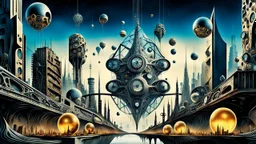 a stunningly weird image of a futuristic metropolis using Salvador Dali's paranoiac-critical method, where buildings and structures appear to melt into the skyline cityscape is filled with floating balls and triangles and mad, twisted sharp metal shapes that interact with the buildings and each other, forming a surreal tableau of a dreamlike reality. neu-steampunk vibe, essence of the scene in a cinematic manner, with dramatic shadows that enhance the distorted perspectives and bizarre