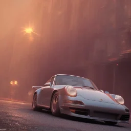 porsche 911 under a bright light in the dark