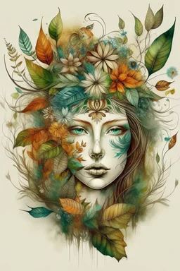 The fusion of a human face with elements of nature such as flowers, leaves or feathers, highlighting the symbiosis between humans and nature that is often a theme in boho art.