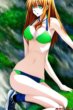 in the style of Yoshiyuki Sadamoto, hyper detailed, strikingly beautiful teen female, 16 years old, long ginger hair, green eyes, medium freckles, full lips, full body, full face, b-cup breasts, athletic, centred camera, ignore NSFW, bikini, athletic, sitting, legs spread