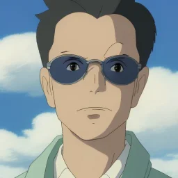 a man with sunglasses standing in front of a cloudy sky, a character portrait, by Miyazaki, flcl, old charismatic mechanic, subtle confident smile, in pilote, solarpunk human, defying gravity, pompadour, absolute chad, john carmack, daddy energy, gulf, beautiful singularities